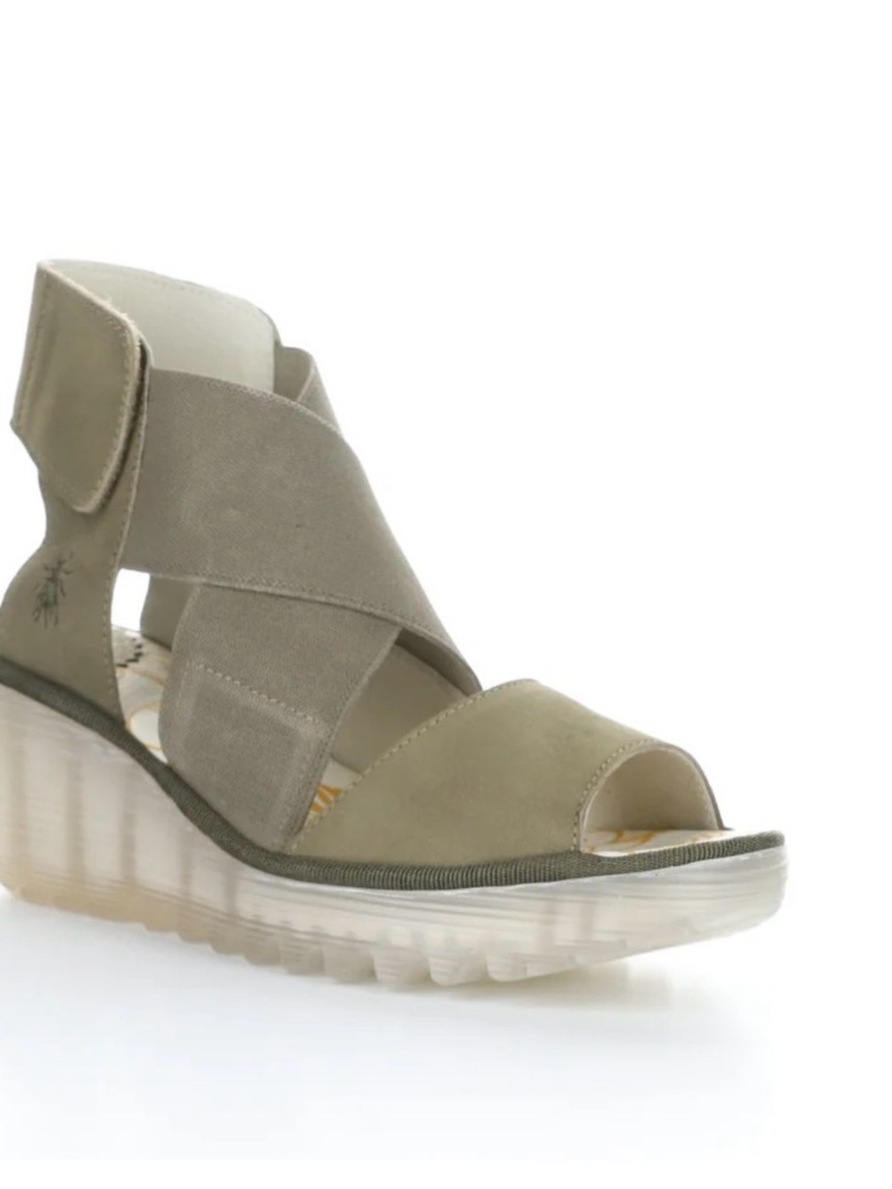 Fly London Yuba Khaki Leather/Stretch Elastic Sandals Size 39